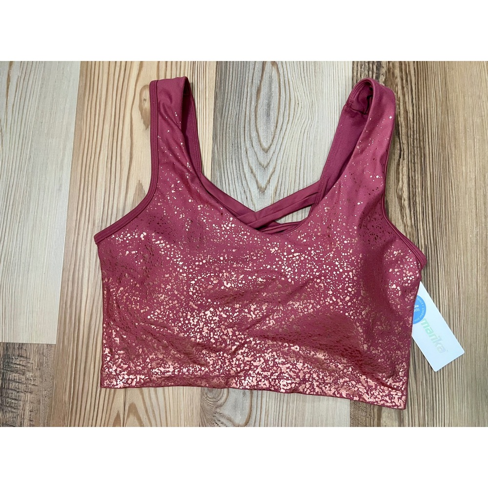 NWT Marika Womens XL Sports Bra Mauve Rose Gold Foil Splatter Athleisure Gym